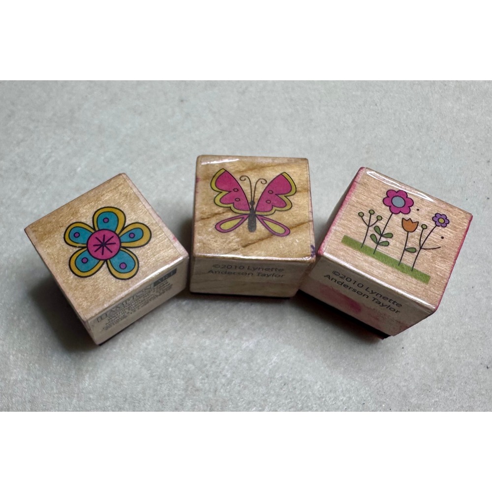 Hampton Art Lynette Anderson Taylor Wood Rubber Stamp 3pc Set Butterfly Flowers